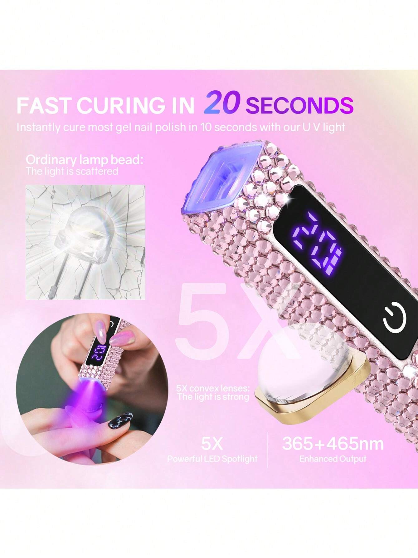 Mini lampe LED strass rose – rechargeable