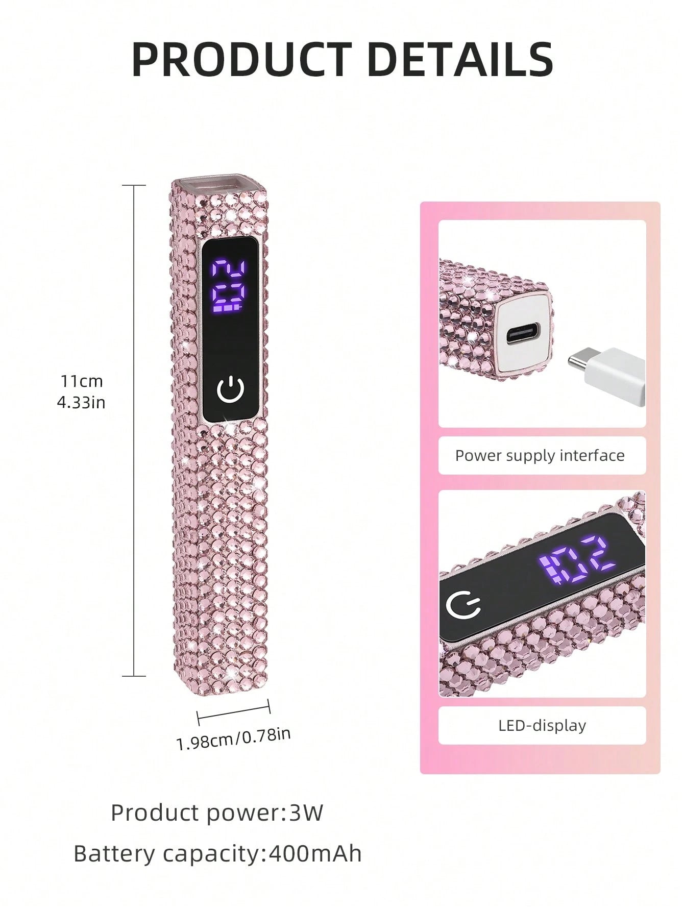 Mini lampe LED strass rose – rechargeable