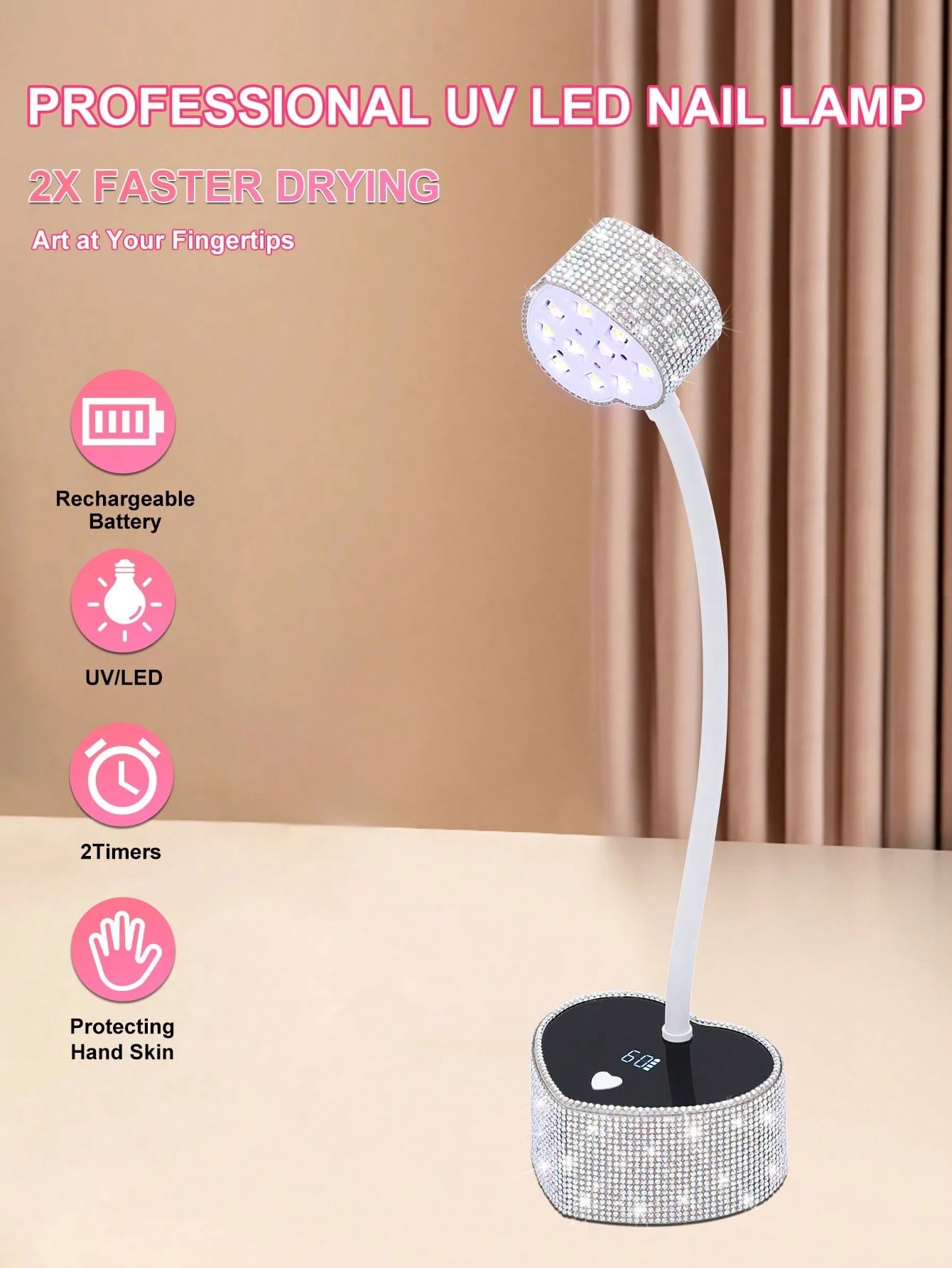 Lampe UV/LED rechargeable strass cœur – Pose américaine