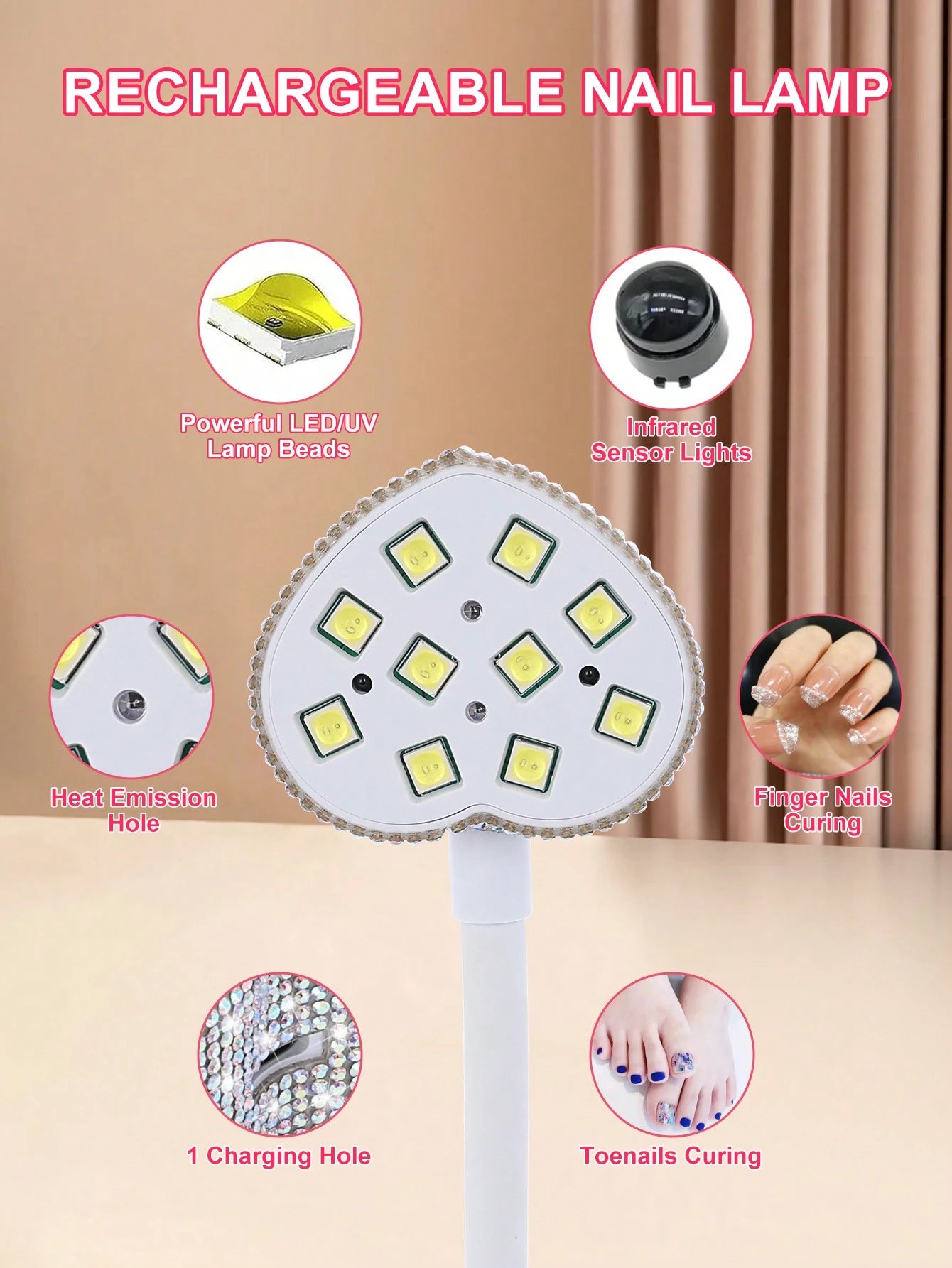 Lampe UV/LED rechargeable strass cœur – Pose américaine