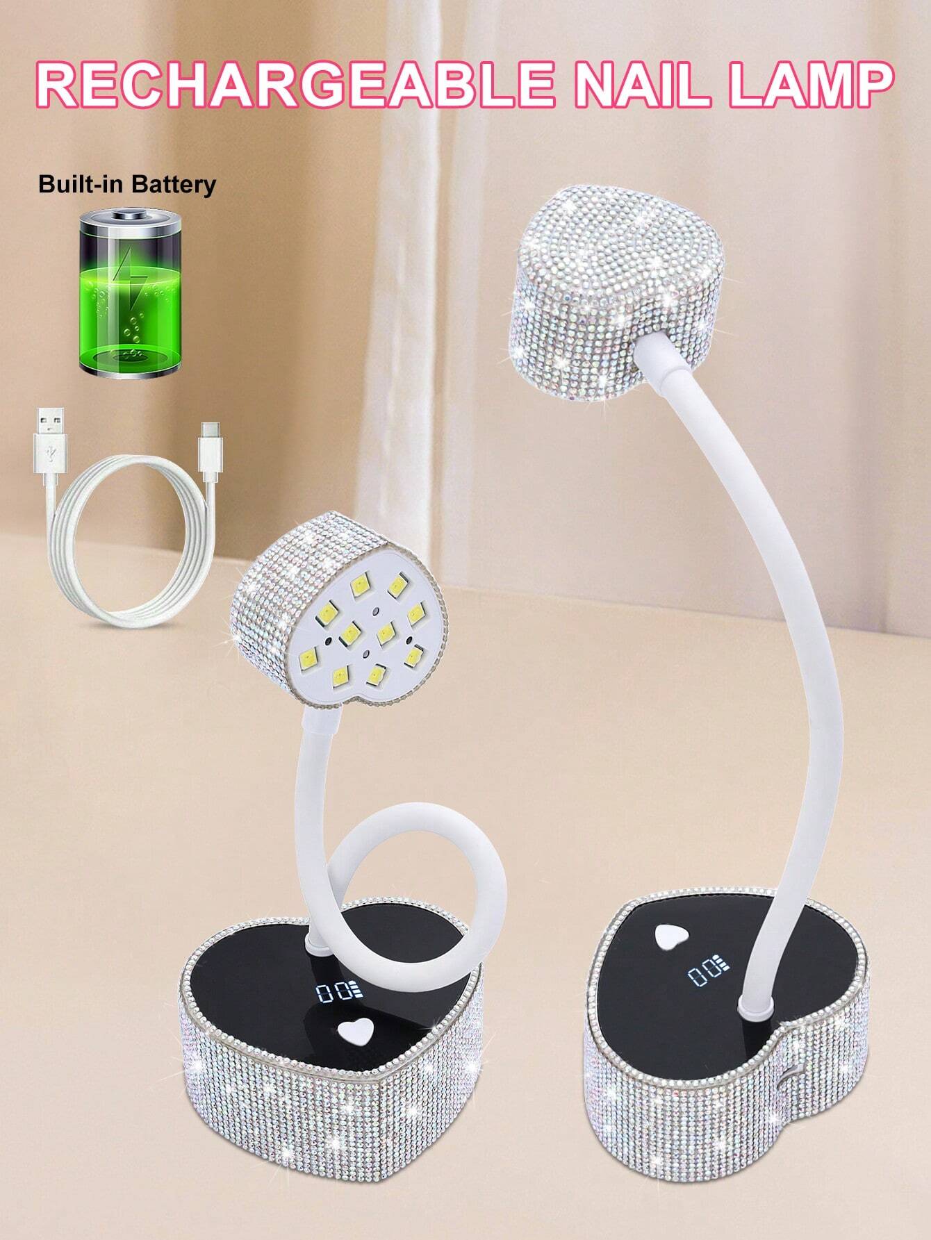 Lampe UV/LED rechargeable strass cœur – Pose américaine